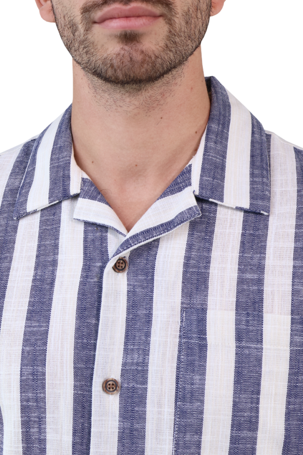 Camisa Resort Manga Corta De Algodón Estamado A Rayas Azules Para Hombre
